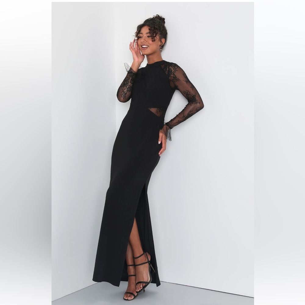 Lulus Black Lace Maxi Dress NWT Size L Formal Wedding Guest Long Sleeve Slit
